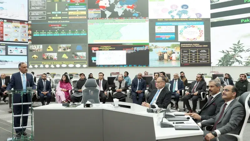 22-03-2024, Islamabad: Minister for Planning and Development Mr. Ahsan Iqbal was briefed about functioning of NEOC at NDMA HQs.